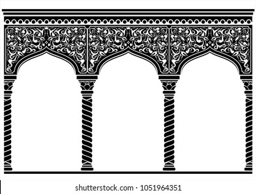 Silhouette of the arched eastern facade. Fairytale Oriental, Indian or Arabian arch, background for cover, invitation cards. Vector graphics