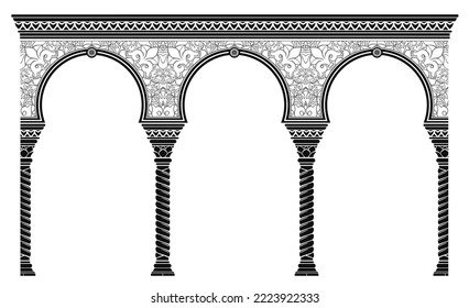 Silhouette of the arched eastern facade. Fairytale Oriental, Indian or Arabian arch, background for cover, invitation cards. Vector graphics