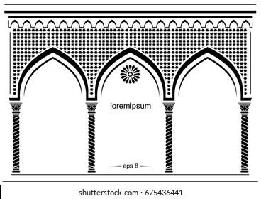 Silhouette of the arched eastern facade. Fairytale Oriental, Indian or Arabian arch, background for cover, invitation cards. Vector graphics