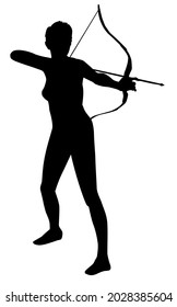 Silhouette of an archer (girl) with a drawn bow.
Sports.