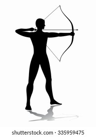 silhouette archer shooting, black and white illustration, white background