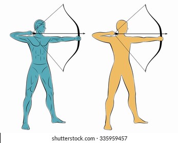 silhouette archer shooting, color illustration, white background