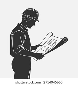 Silueta de un arquitecto o ingeniero con un casco revisando intensamente planos detallados, simbolizando la planificación y el diseño de la construcción.
