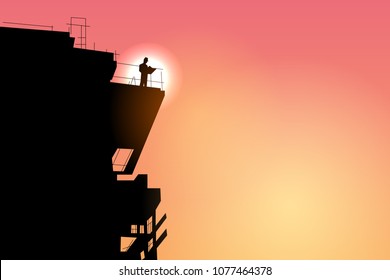 Silhouette of architect working on building with sunset background, vector illustration