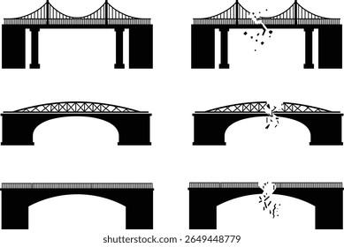 Silhueta de pontes arquitetônicas - silhuetas de ponte quebradas e intactas mostradas lado a lado em estilo vetorial minimalista - design plano preto, clipart isolado ilustrando contraste, estrutura