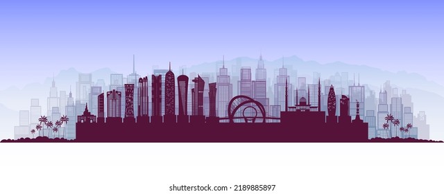 Silhouette architecture building of Qatar in doha modern city background cityscape, skyline, skyscraper. Vector silhouette structure. Vector illustration Qatar in doha modern capital concept design.