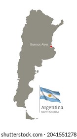 Silhouette of Argentina country map. Gray editable map with waving national flag and Buenos Aires city capital, South America country territory borders vector illustration on white background