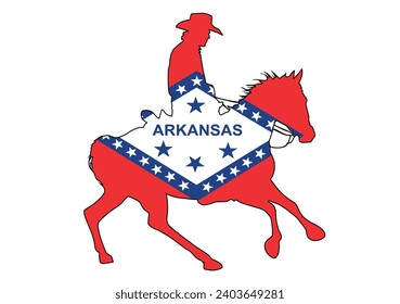 A silhouette of a Arkansas state cowboy on a horse with inset State flag