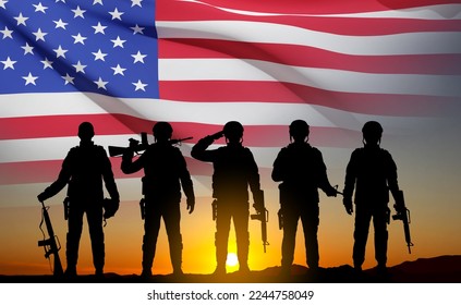 Silhouette of army soldier with USA flag. Greeting card for Veterans Day, Memorial Day, Independence Day. Armed Force concept. EPS10 vector