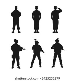 Silueta de diseño de conjunto de vectores del ejército sobre fondo blanco