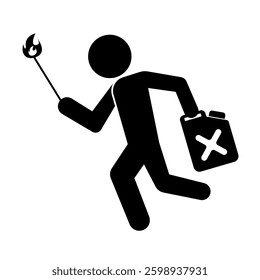 Silhouette of arsonist with gasoline and fire. Vector.