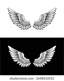 silhouette art of angel wing set for t-shirt elements, editable wings vector, wings angle, black and white, hawk wings, eagle wings, bird, feather, isolated background, wing set for t-shirt elements