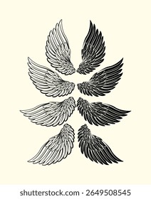 silhouette art of angel wings set for t-shirt elements, editable wings vector, wings angle, black and white, hawk wings, eagle wing, bird, feather, isolated background, wing set for t-shirt elements