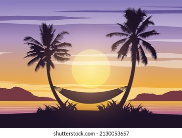 Silhouette art design of sea on sunset time and palm trees with a hammock,vector illustration