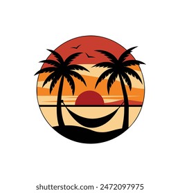 Silhouette art design of sea on sunset time and palm trees with a hammock, vector illustration eps10