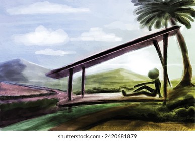 silhouette art of farmer in the morning