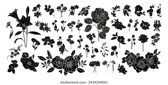 Silhouette art floral minimal collection, Flower shape frame, Black tattoo set of flower, Hand painted bunch of flowers, Spring floral isolated on white background, Floral illustration for design.