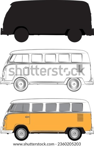 Silhouette art, line art, and vector art of VW kombi. Vector.