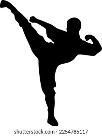  Silhouette art of a man demonstrating martial arts wushu, kung fu exercises. Vector illustration. Wushu icon