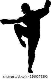 Silhouette Kunst eines Mannes demonstrieren Kampfkunst wushu, kung fu Übungen. Vektorgrafik. Wushu-Symbol	