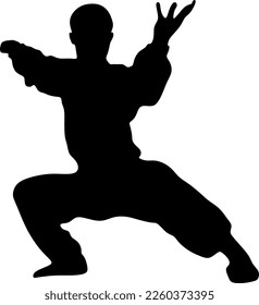 Silhouette art of a man demonstrating martial arts wushu, kung fu exercises. Vector illustration. Wushu icon	