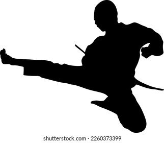 Silhouette art of a man demonstrating martial arts wushu, kung fu exercises. Vector illustration. Wushu icon	