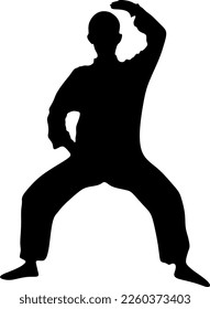 Silhouette art of a man demonstrating martial arts wushu, kung fu exercises. Vector illustration. Wushu icon	