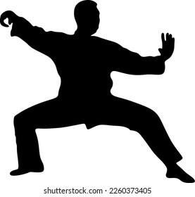 Silhouette art of a man demonstrating martial arts wushu, kung fu exercises. Vector illustration. Wushu icon	