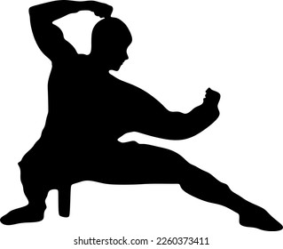 Silhouette art of a man demonstrating martial arts wushu, kung fu exercises. Vector illustration. Wushu icon	