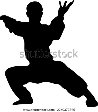 Silhouette art of a man demonstrating martial arts wushu, kung fu exercises. Vector illustration. Wushu icon	