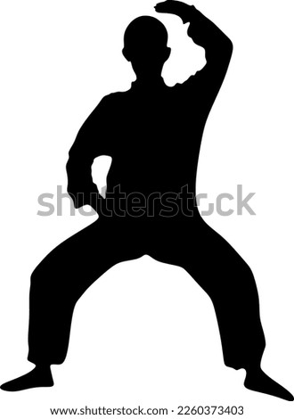 Silhouette art of a man demonstrating martial arts wushu, kung fu exercises. Vector illustration. Wushu icon	