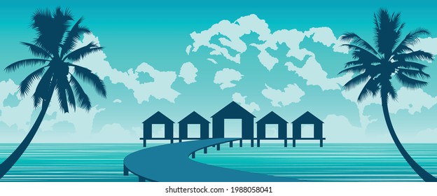 Silhouette art of paradise sea of Maldives,vector illustration