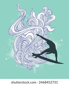 Silhouette art of a surfer doing a trick in a stylized wave.