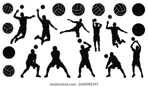 Silhouette Art of Volleyball Players Jumping Spiking Blocking Serving and Passing Ball