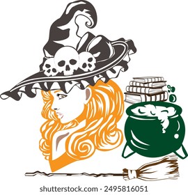 Silhouette Art Witch Face With Magic Pot Book and Broom Halloween Vector