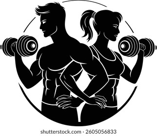 Silhouette art of a women and men with camera and dumbbells.