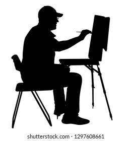 Silhouette, artist at work on a white background