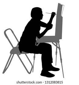 Silhouette, artist at work on a white background
