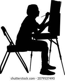 Silhouette, artist at work on a white background.