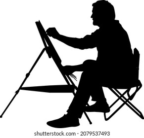 Silhouette, artist at work on a white background.