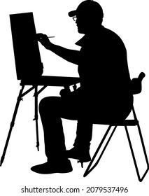 Silhouette, artist at work on a white background.