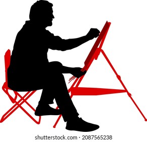 Silhouette, artist at work on a white background.