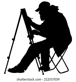 Silhouette, artist at work on a white background, vector illustration.