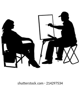 Silhouette, artist at work on a white background, vector illustration.