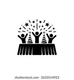 Silhouette artwork shows party people with hats celebrating around table, confetti. Isolated on transparent background, easy to use in any project.