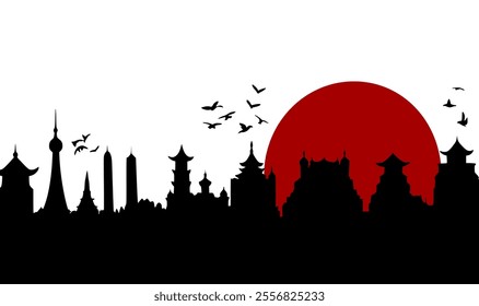 A silhouette of an Asian city skyline against a large red sun, featuring traditional architecture.