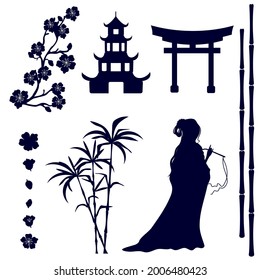 Silhouette of an Asian girl, pagoda, gate, sakura flowers, bamboo stems on a white background. Set of design elements isolated from the background.