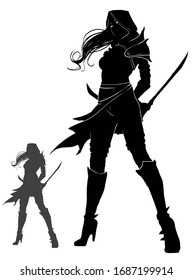 The Silhouette Of An Assassin Girl With Blades Behind Her Back, She Stands Proudly Looking Forward, Dressed In A Hood, Her Hair Fluttering In The Wind. 2d Illustration.