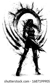 The Silhouette Of An Assassin Girl With Many Blades Of Blots Behind Her Back, She Stands Proudly Looking Forward, Dressed In A Hood, Her Hair Fluttering In The Wind. 2d Illustration.
