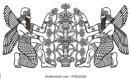 The silhouette of the Assyrian deities collects fruits from a fantastic tree. Character of Sumerian mythology. Linear drawing, the black silhouette isolated on a white background. Vector illustration.